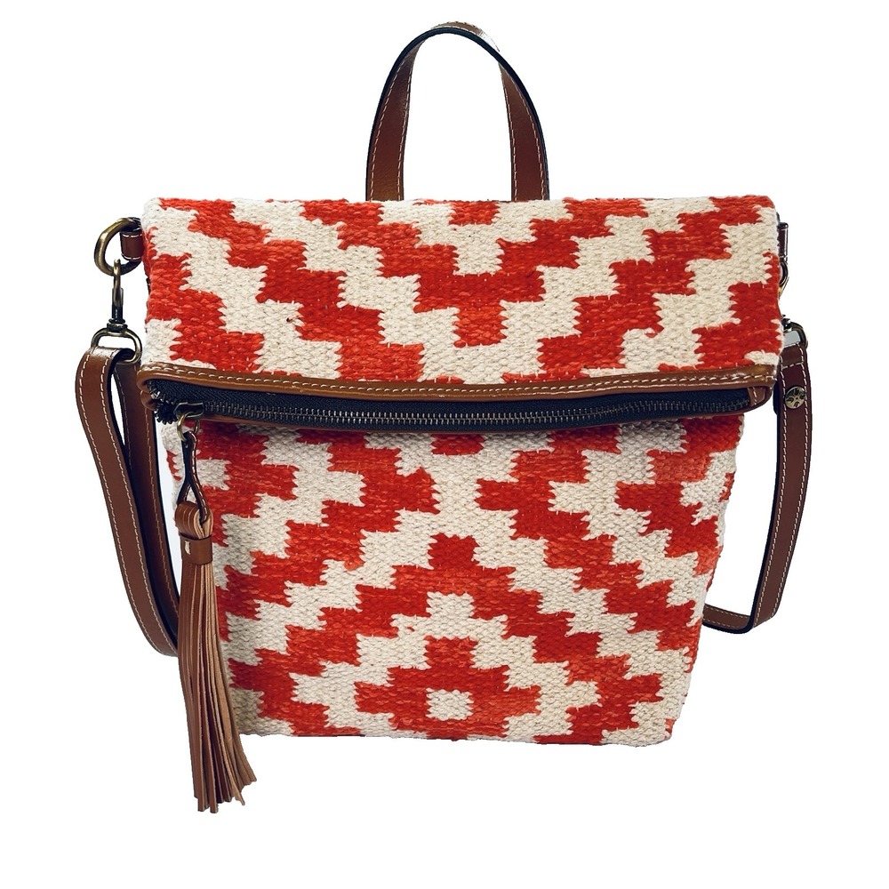 Patricia Nash Casoli Convertible Backpack Red White Woven Leather Crossbody Bag